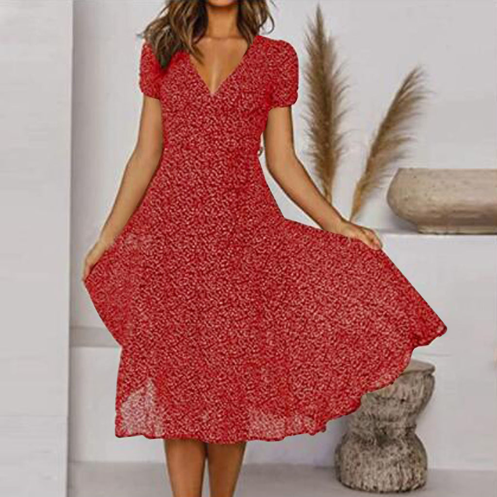 Printed V-Neck Short Sleeve Lace-Up Dress for Women