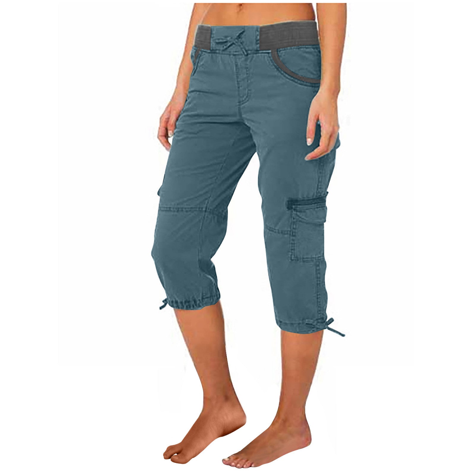 Teal capri pants with gray waistband on a white background