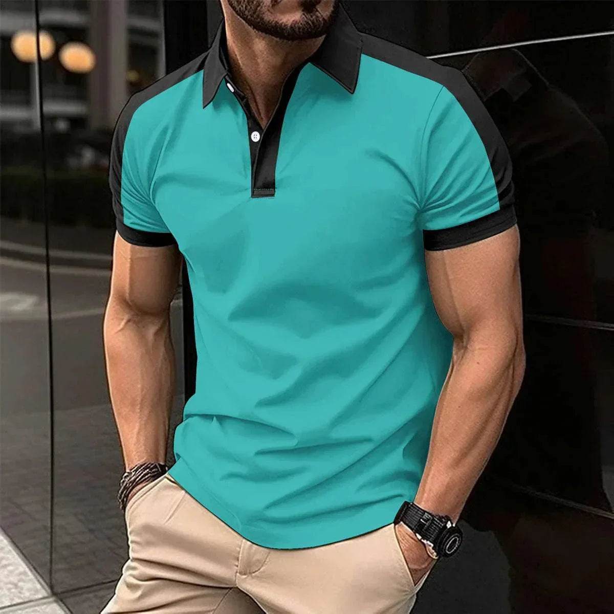 Men’s turquoise and black polo shirt, short sleeves, street style, ZA-Zola fashion UK