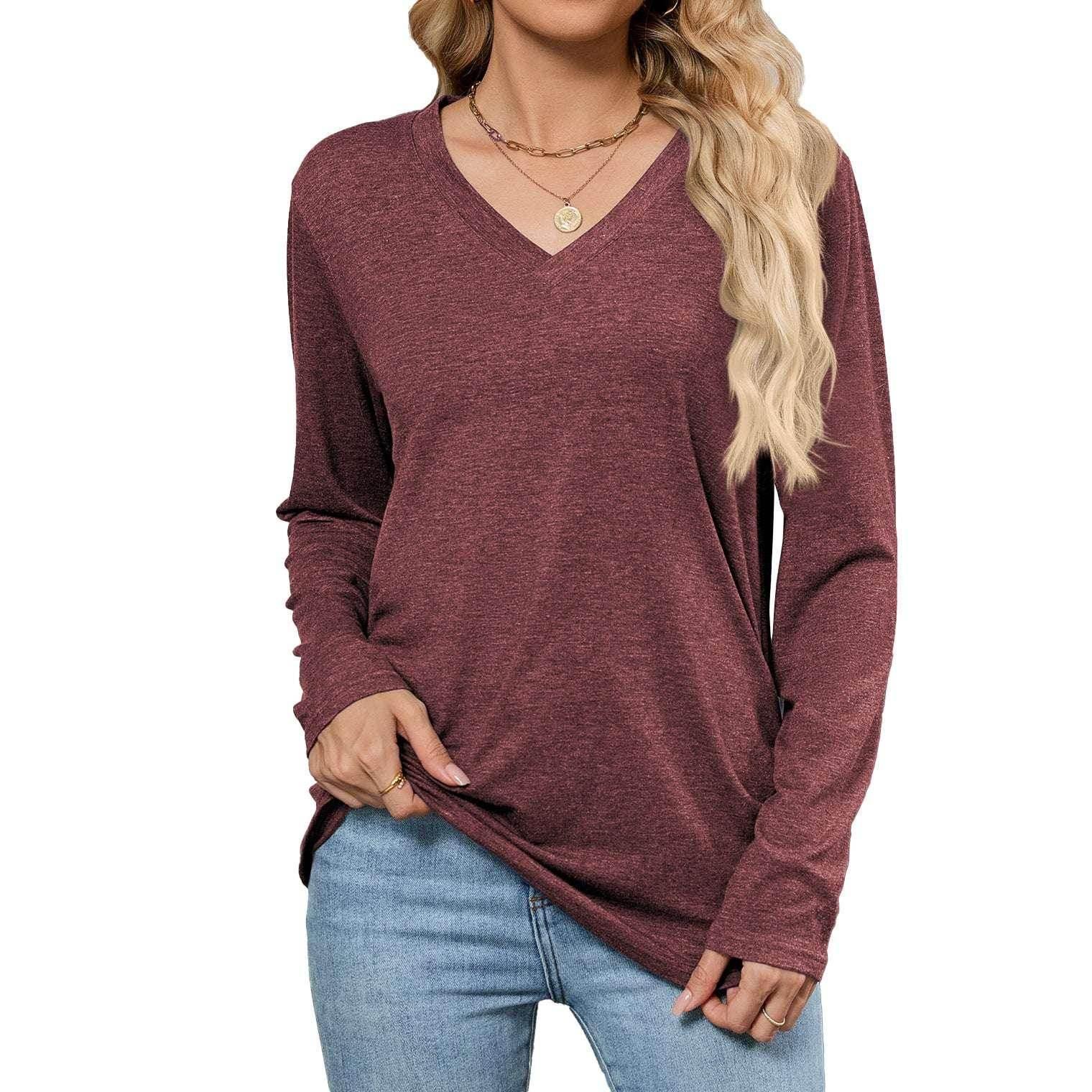 Loose V-Neck Pullover Long Sleeve T-Shirt - ZA-Zola