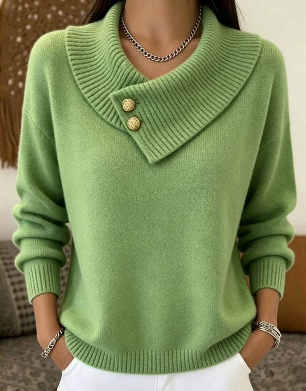 A woman wearing a light green knit sweater with a wide asymmetrical collar and two decorative gold buttons, paired with white pants and silver jewelry.