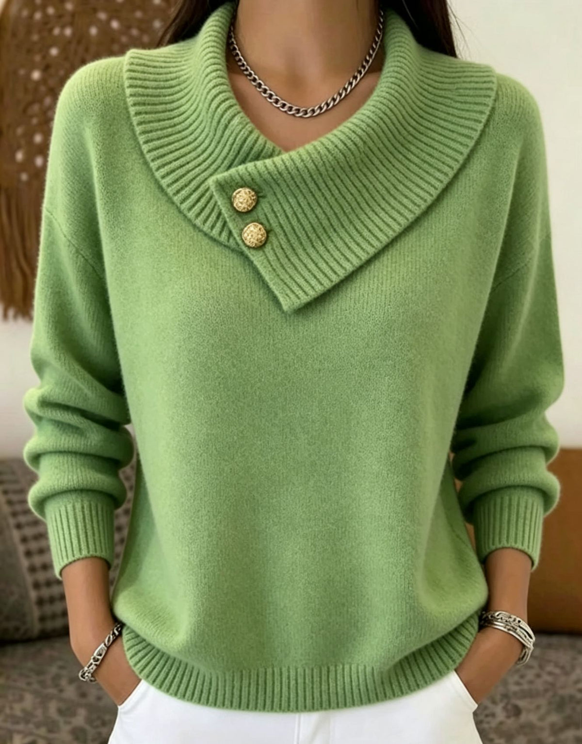 A woman wearing a light green knit sweater with a wide asymmetrical collar and two decorative gold buttons, paired with white pants and silver jewelry.