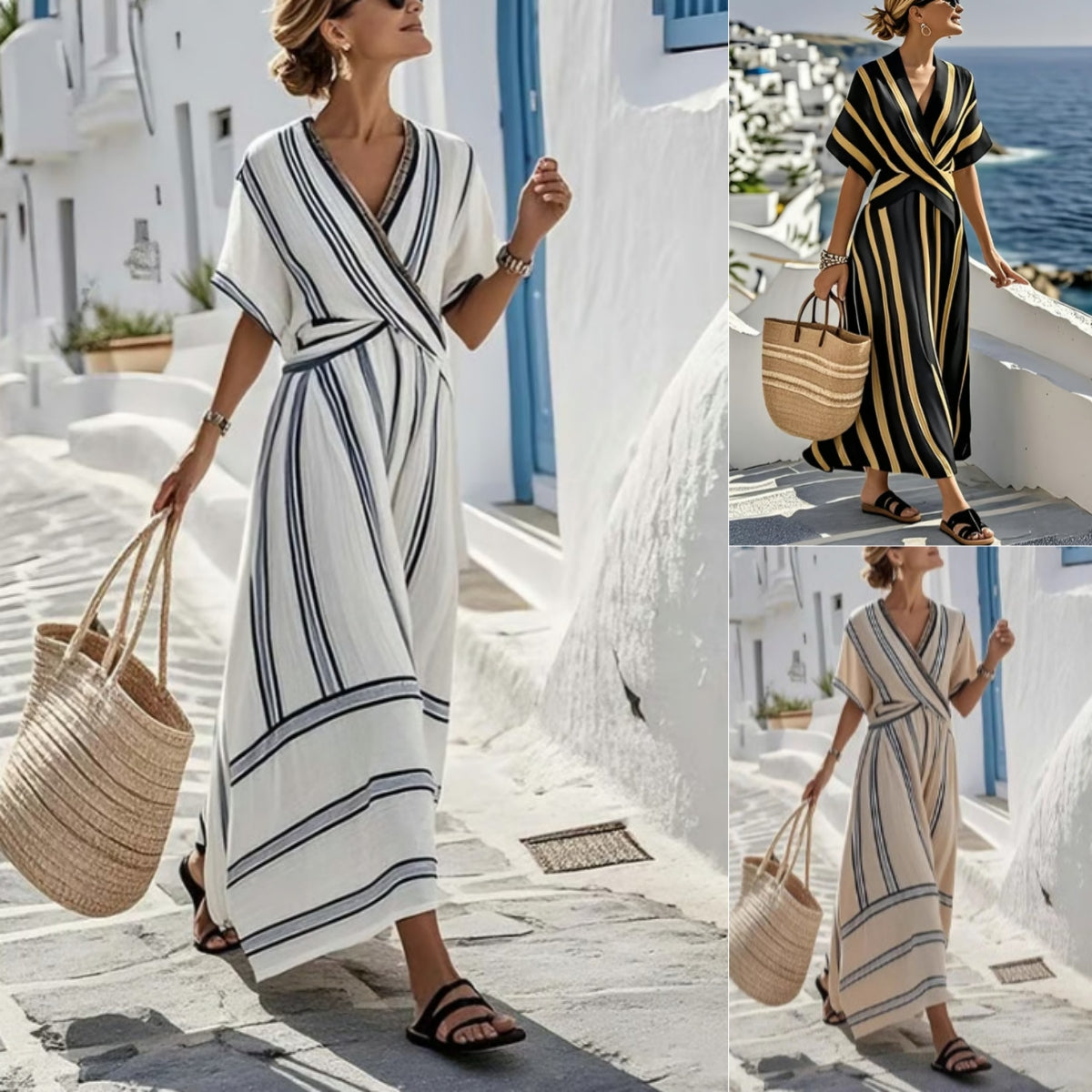 Woman wearing a striped dress in a collage format with scenic background