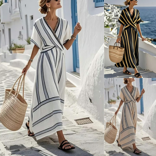 Woman wearing a striped dress in a collage format with scenic background