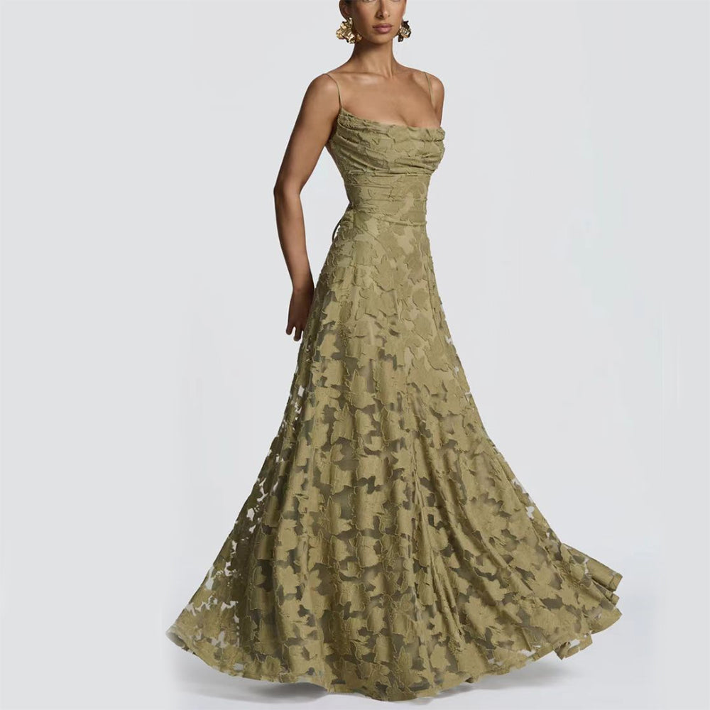 Woman wearing a green strapless gown on a white background