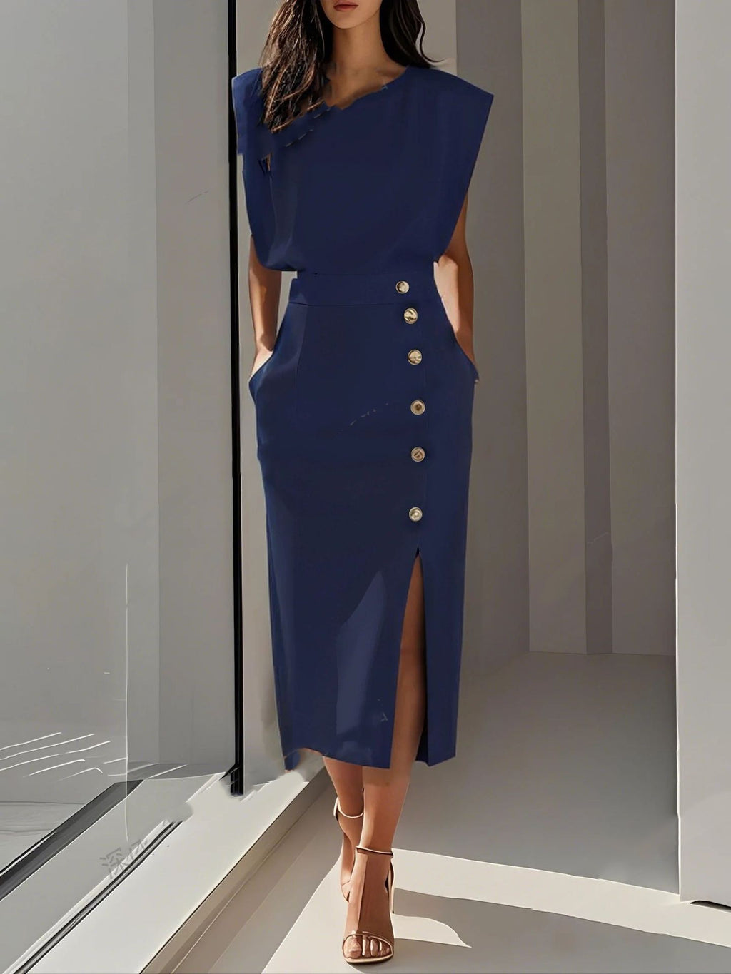 Woman wearing a blue dress with button details in a minimalistic setting