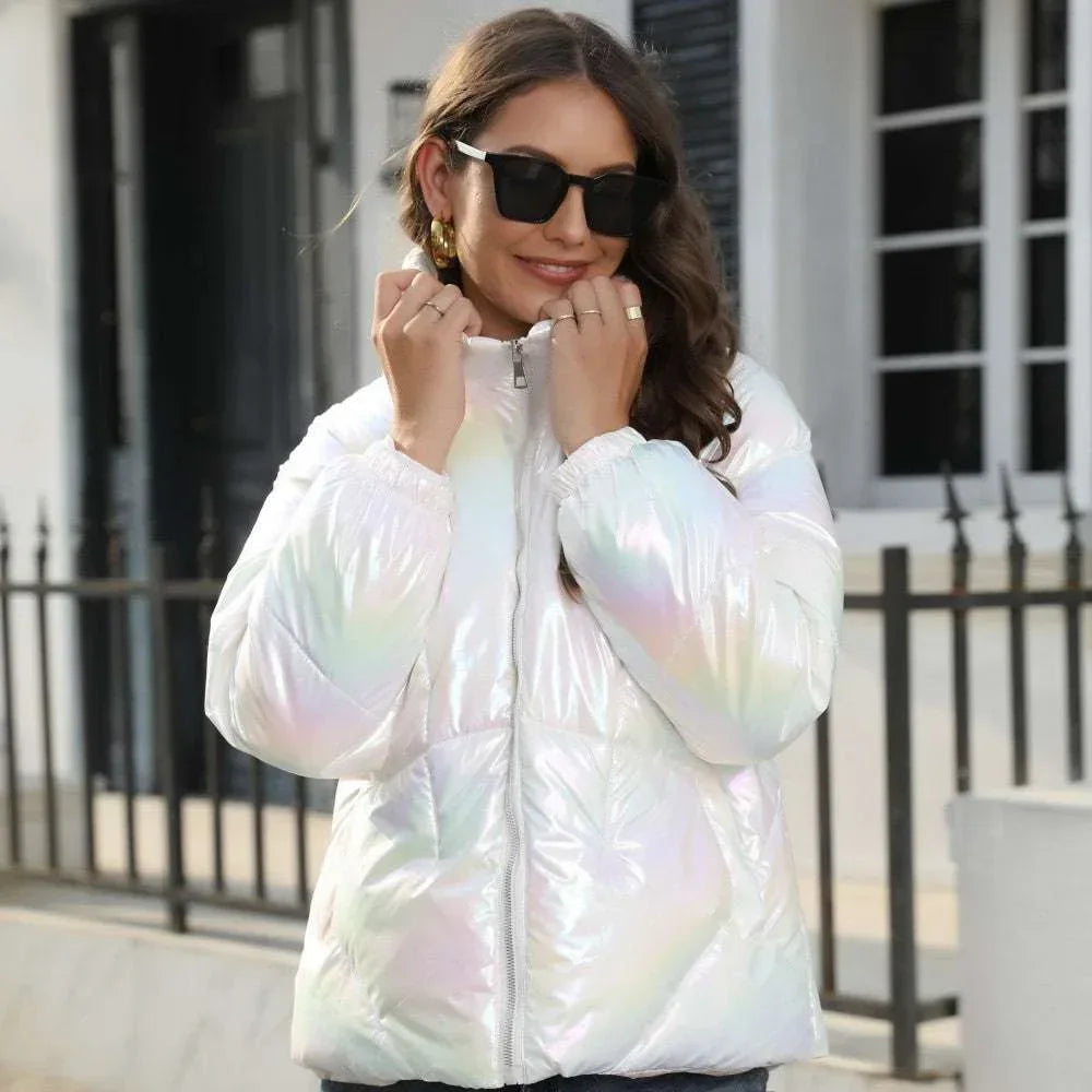 Shiny Hooded Puffer Jacket for Women – Warm Cotton Coat - ZA-Zola