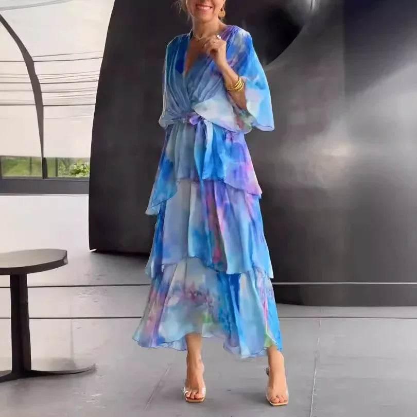 Layered Chiffon Printed Long Dress – Blue - ZA-Zola