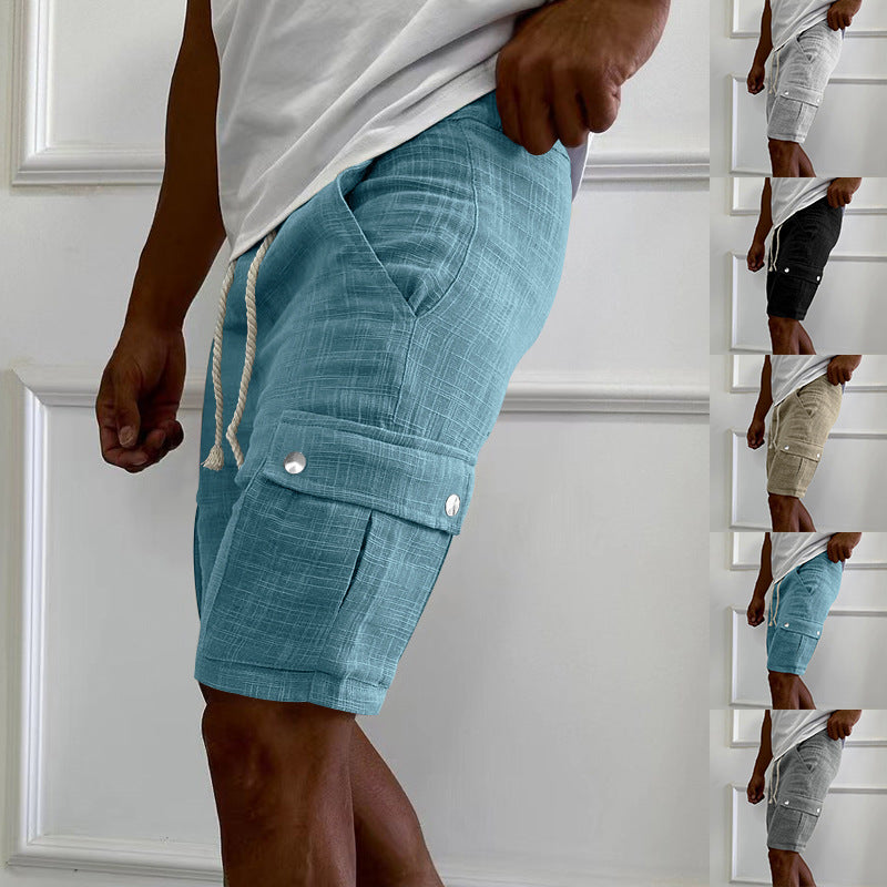 Collage of a person wearing blue shorts with close-up details on a white background