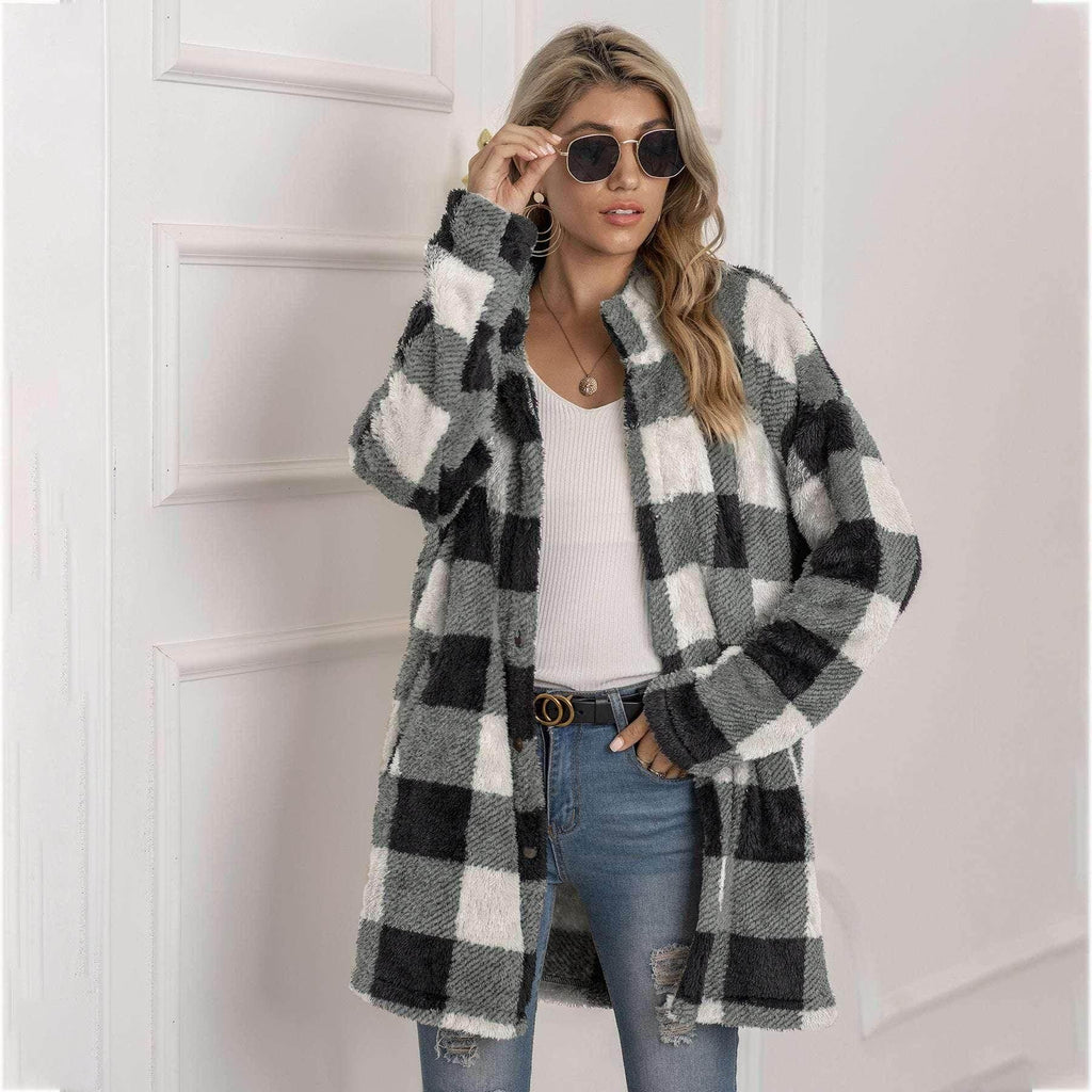 Colorblock Plaid Fleece Jacket for Women - ZA-Zola