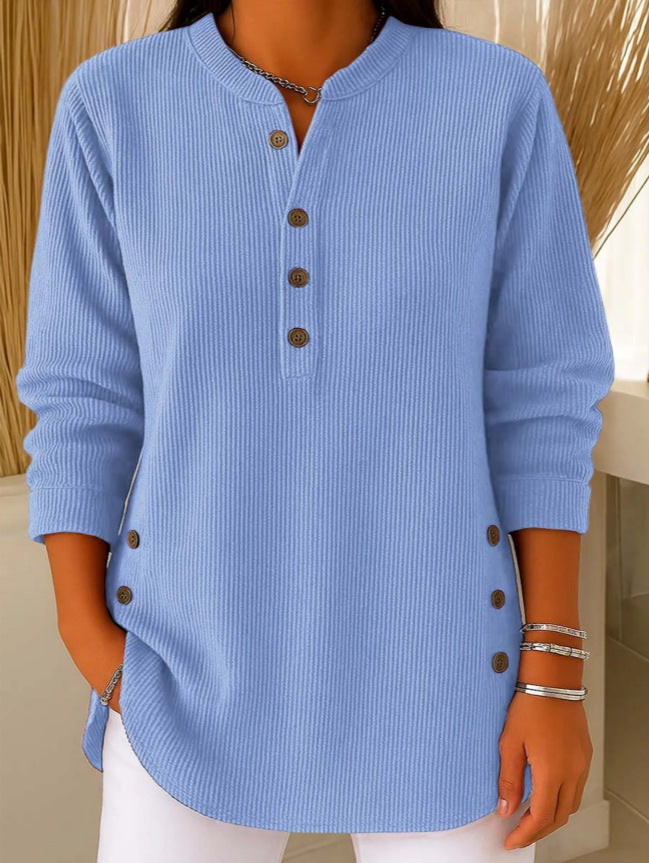 V-Neck Button Sweater Top | Women's Long-Sleeved Blouse