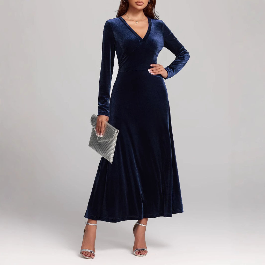 V Neck Velvet Dress | Long Sleeve Velvet Evening Dress 