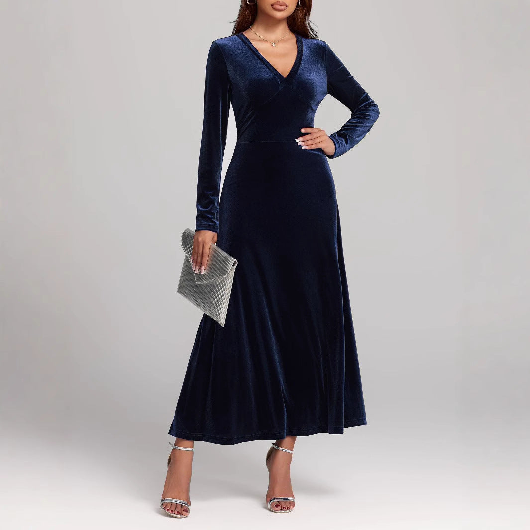 V Neck Velvet Dress | Long Sleeve Velvet Evening Dress 