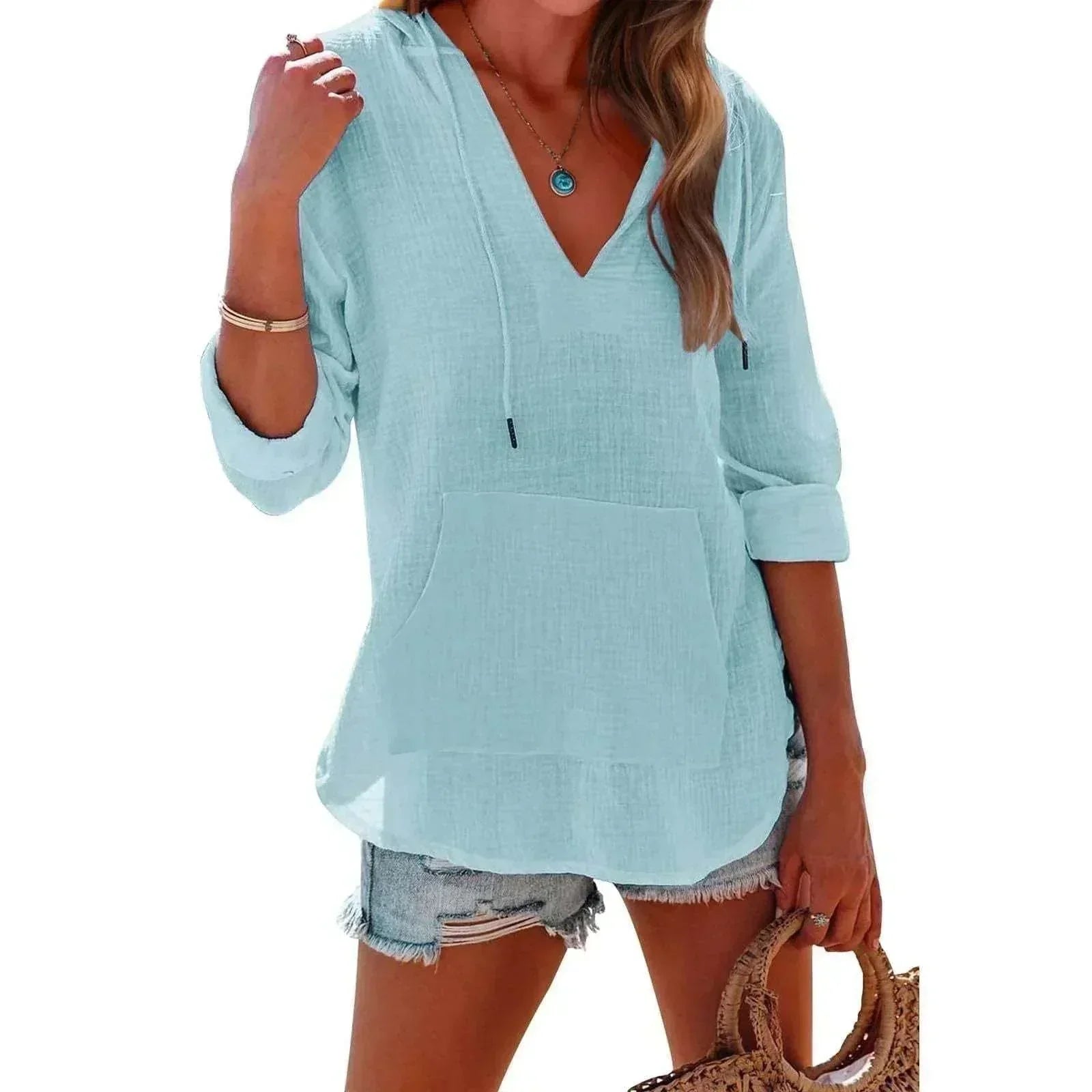 Women's V-Neck Hooded Cotton Split Shirt - ZA-Zola