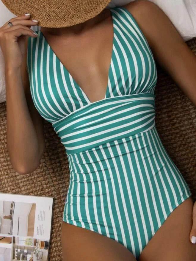 Green Striped One-Piece Swimsuit – Sleek & Chic - ZA-Zola