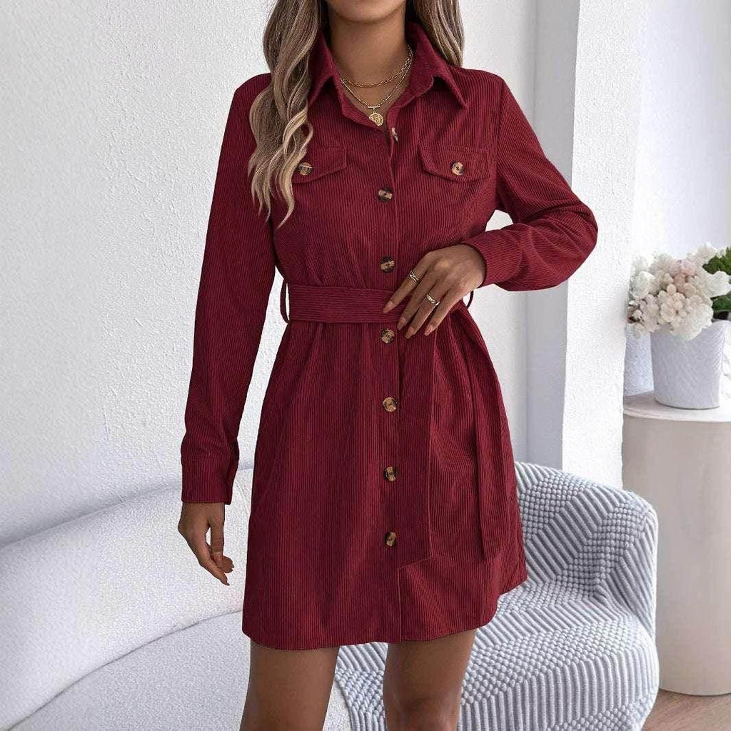Corduroy Shirt Dress with Belt – Fall Favorite - ZA-Zola