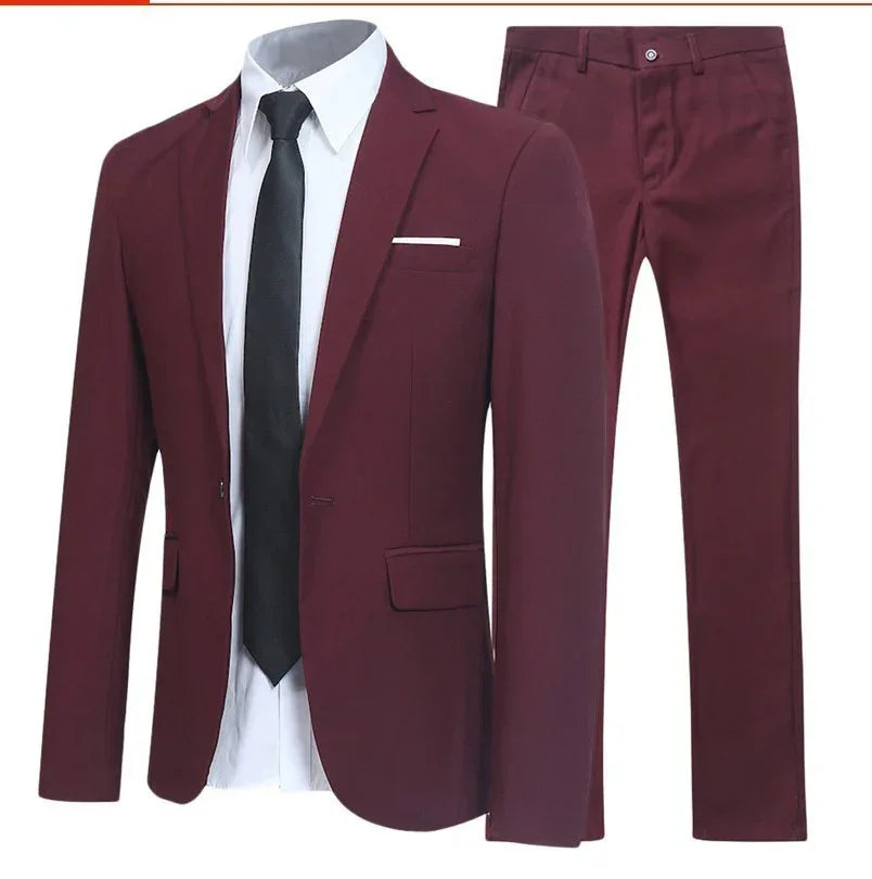 Maroon suit jacket, white shirt, black tie, and maroon pants on a white background