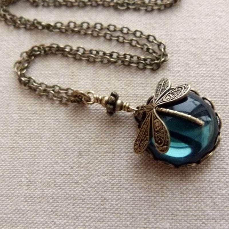 Retro Dragonfly Pendant Necklace – Green Crystal Charm - ZA-Zola