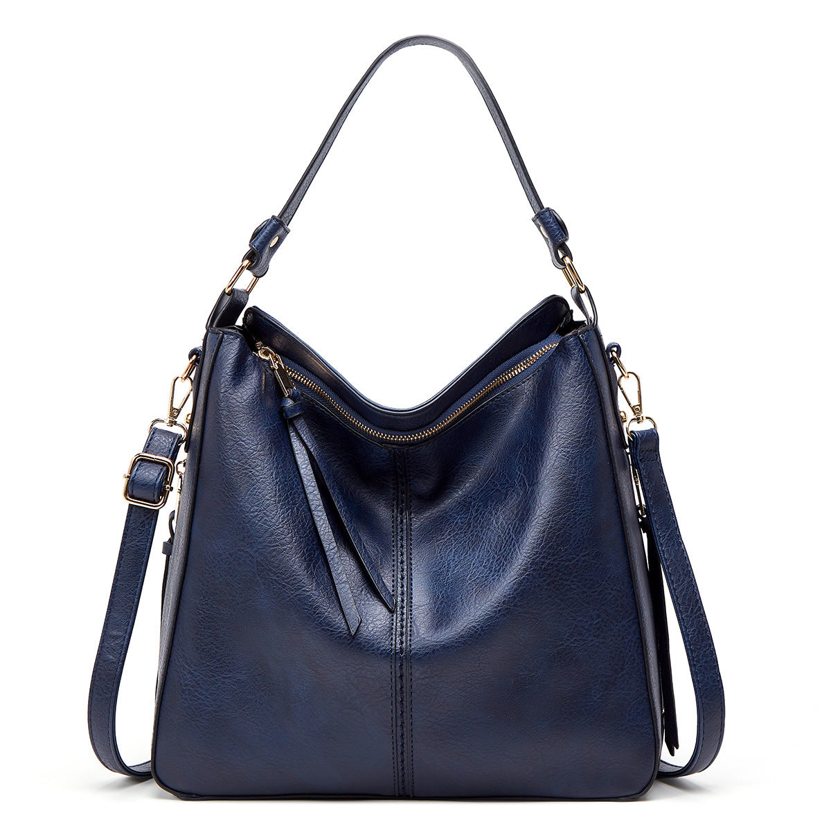Navy blue handbag with gold zippers on a white background