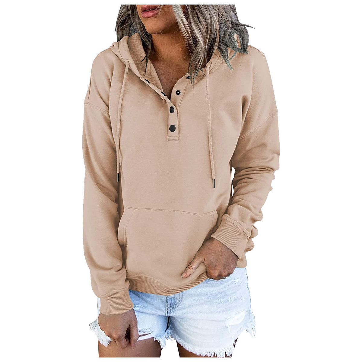 Beige hoodie worn by a person on a white background