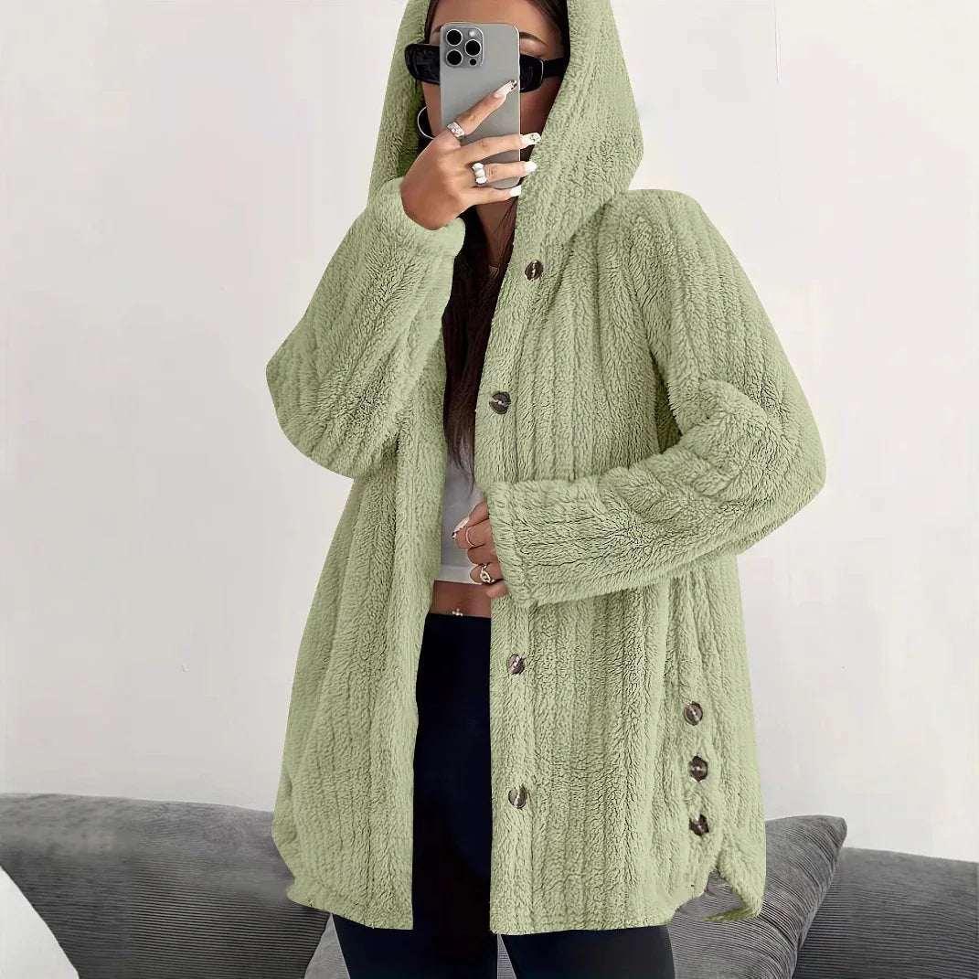 Women’s Hooded Plush Coat – Loose Long Sleeve Jacket - ZA-Zola