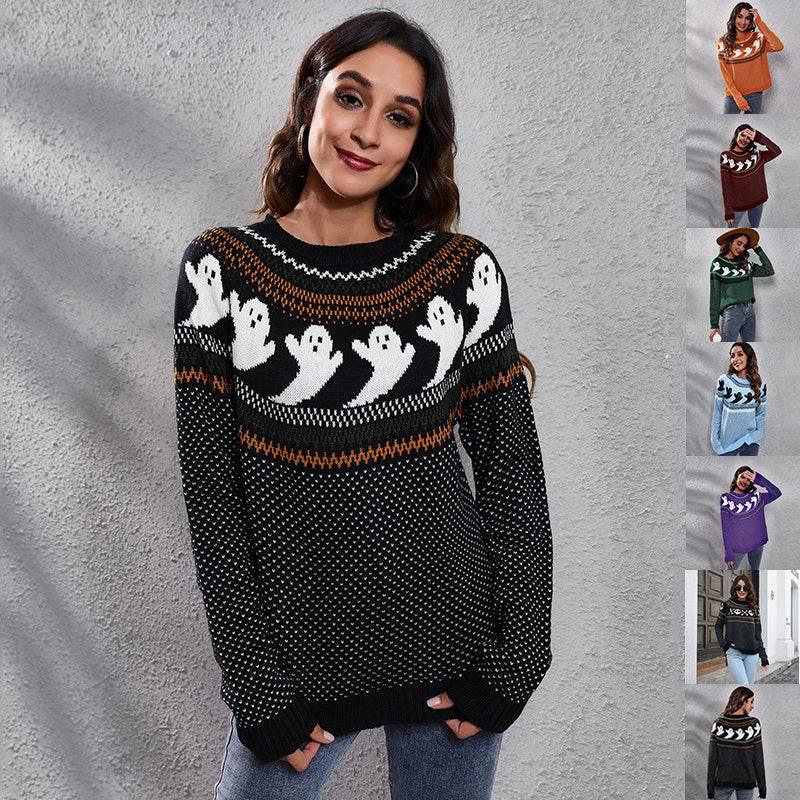 ZA-Zola Halloween Ghost Polka Dot Pullover Sweater - ZA-Zola