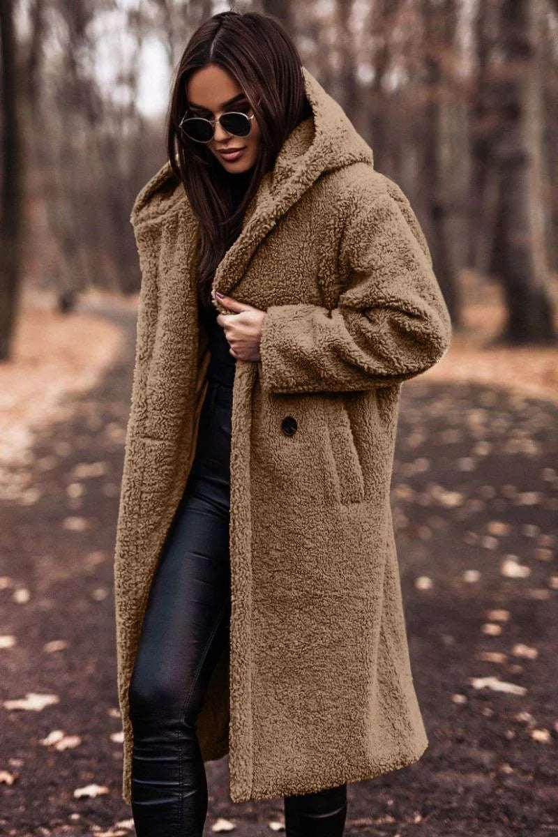 Women Teddy Coat Long Faux Fleece Hooded Winter - ZA-Zola
