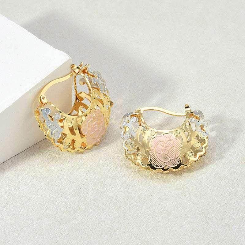 Gold Contrast Hollow Rosette Hoop Earrings - ZA-Zola