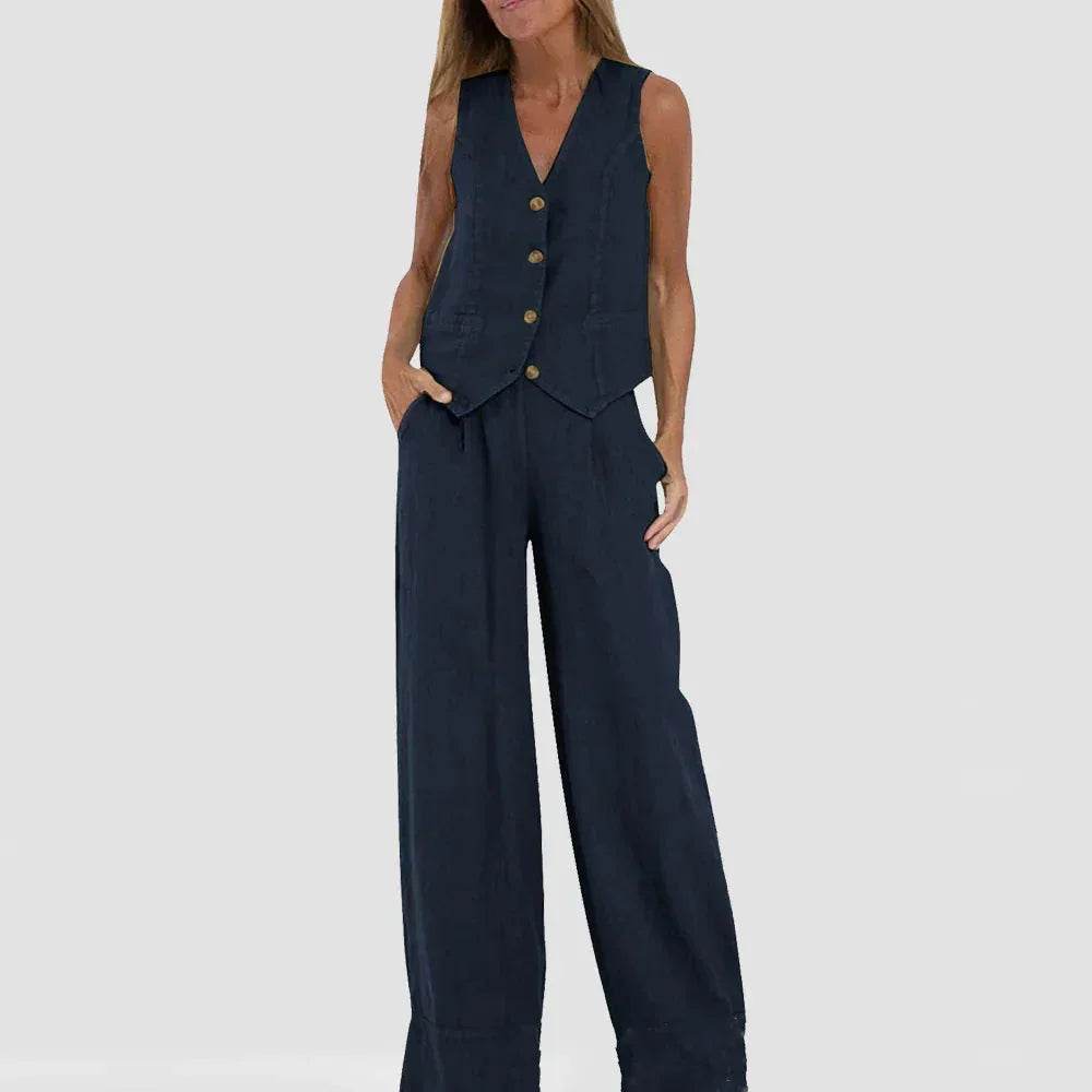 Woman wearing navy wide-leg pants and matching sleeveless vest from ZA-Zola fashion UK