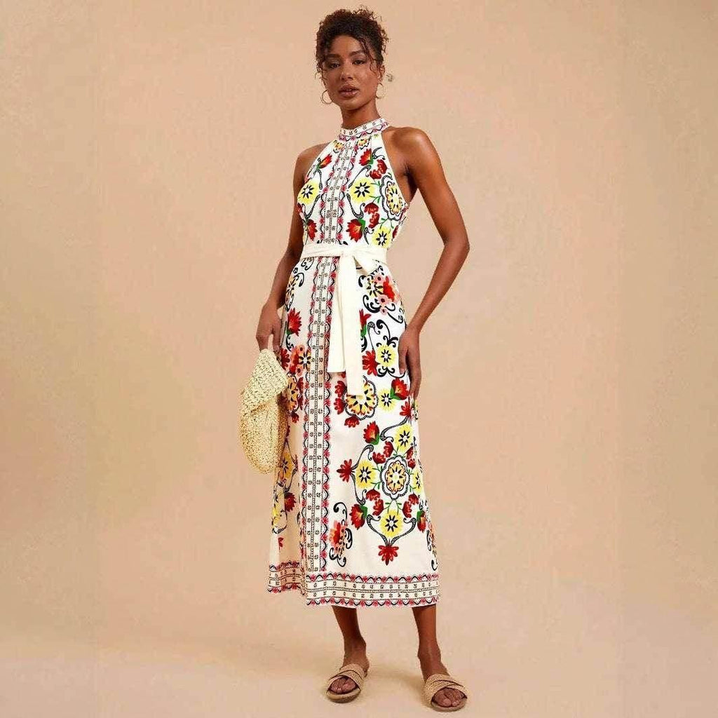 Floral Lace-Up Sleeveless Mid-Length Dress - ZA-Zola