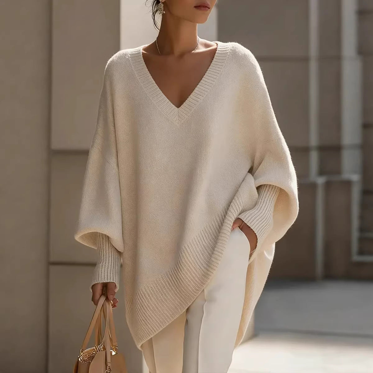 Person wearing a beige poncho in an indoor setting