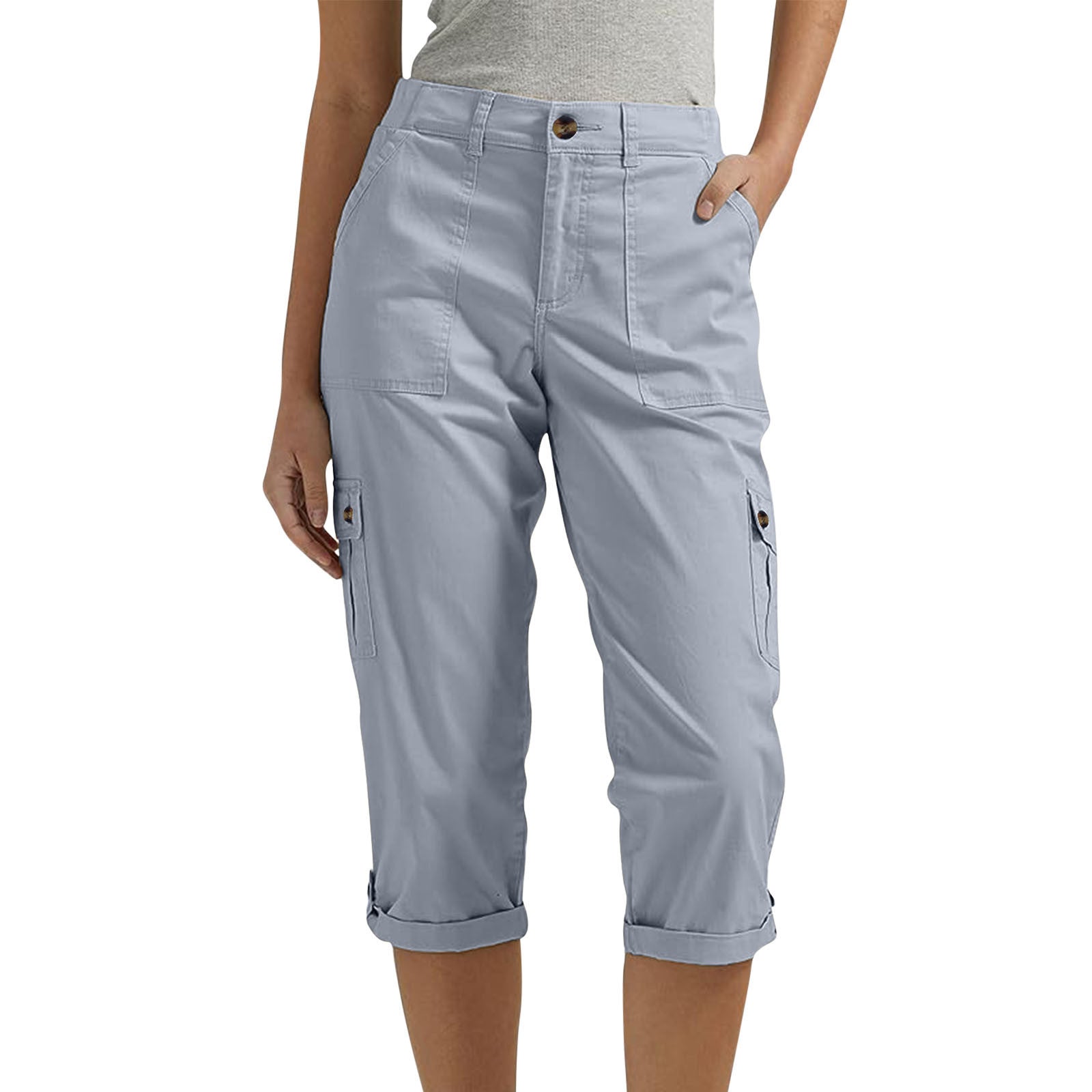 Light gray cargo pants worn by a person on a white background