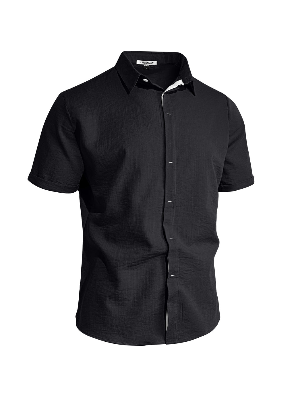 Black short-sleeve shirt with white trim on a white background