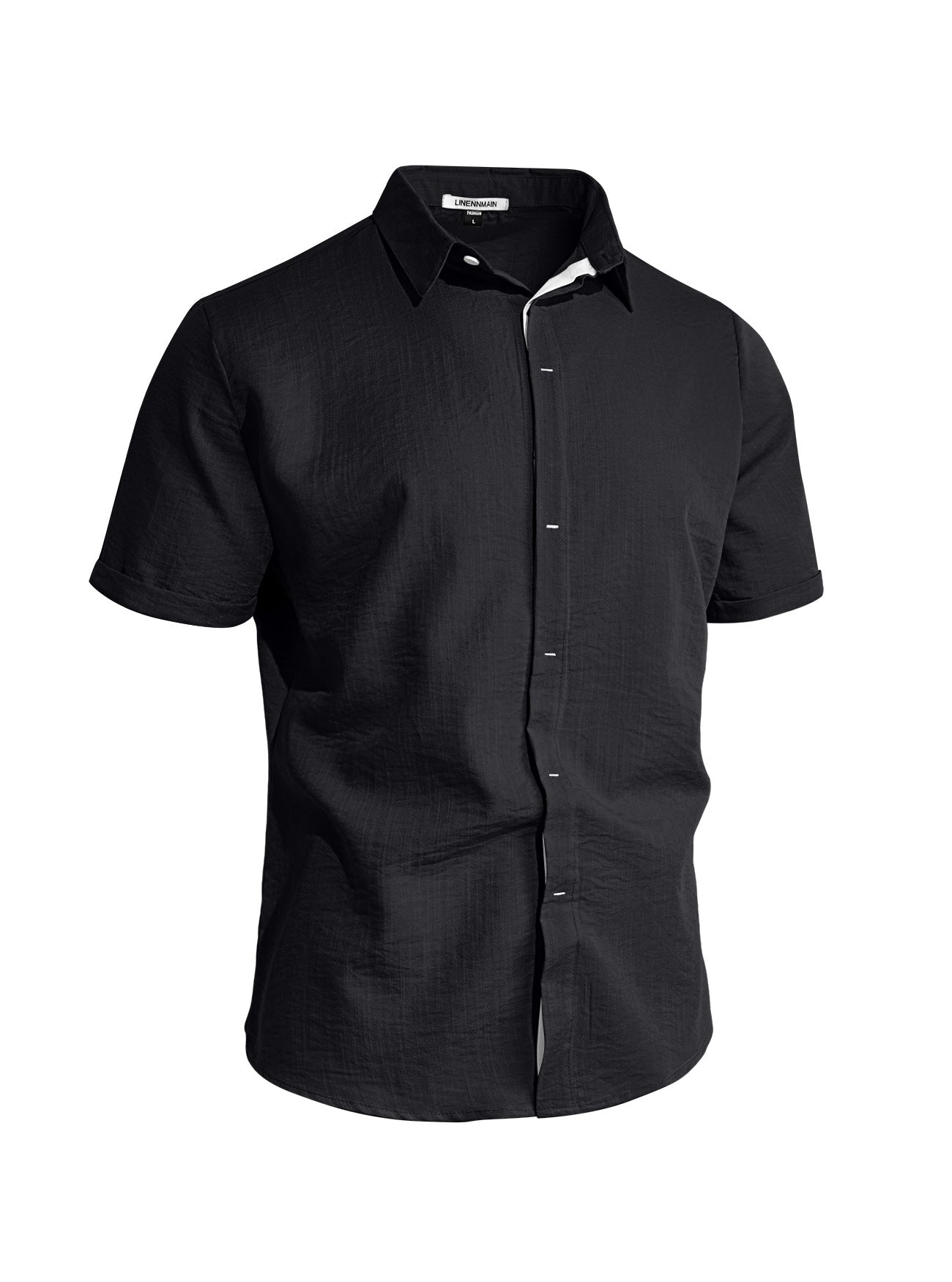 Black short-sleeve shirt with white trim on a white background