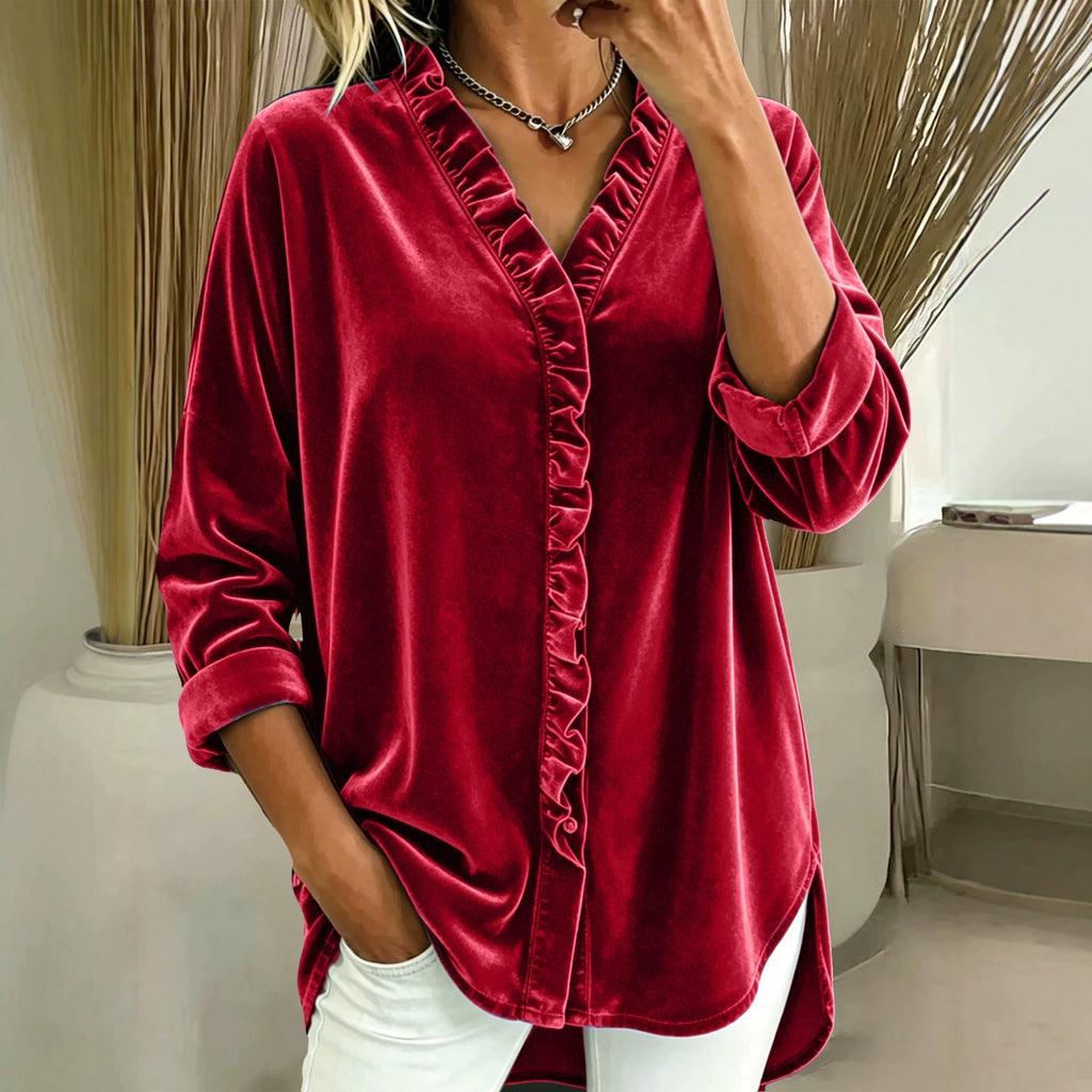 Women’s V Neck Ruffle Blouse | Long Sleeve Solid Top