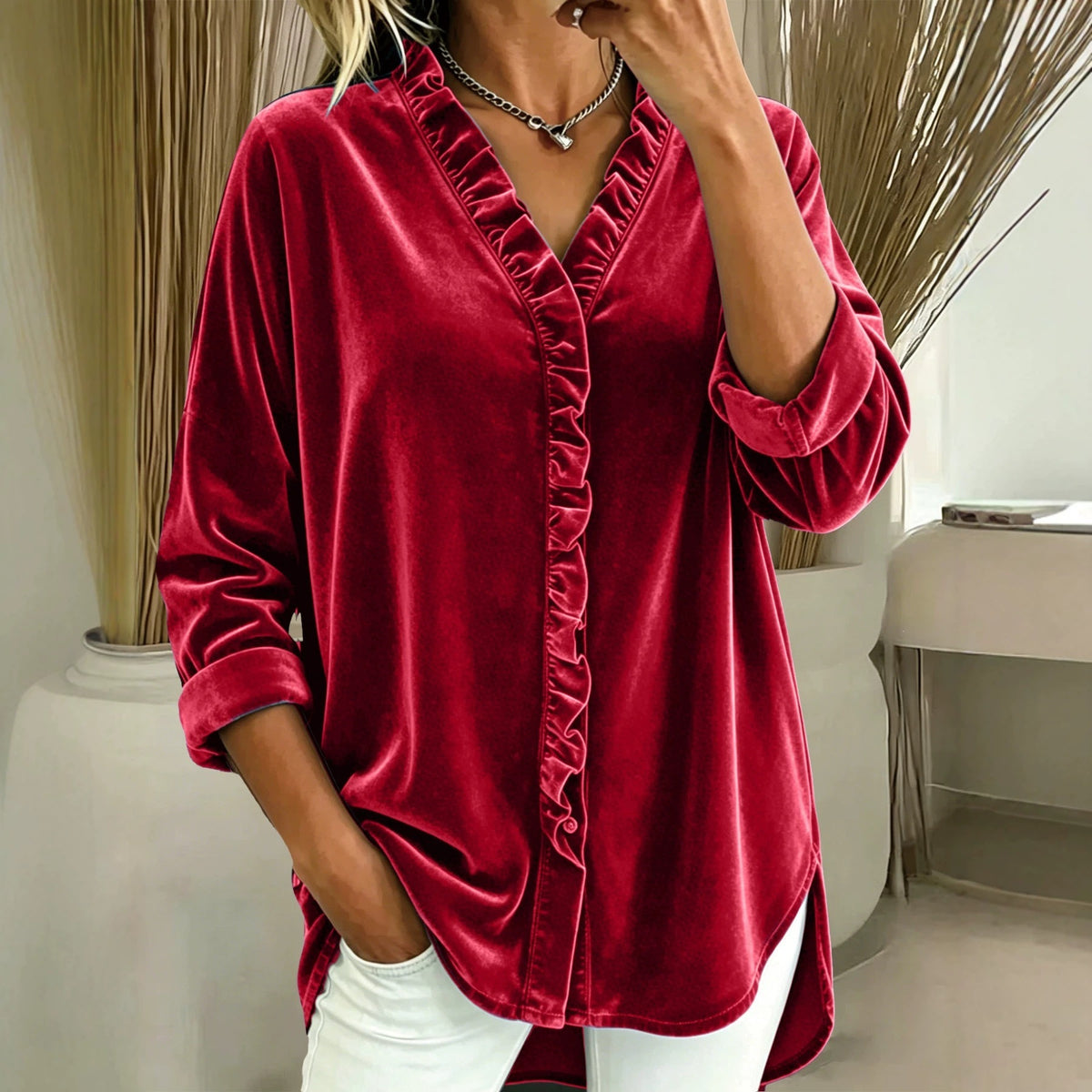 Women’s V Neck Ruffle Blouse | Long Sleeve Solid Top