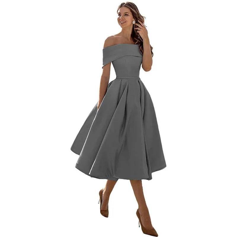 Off-Shoulder Satin Tea-Length Party Dress - ZA-Zola