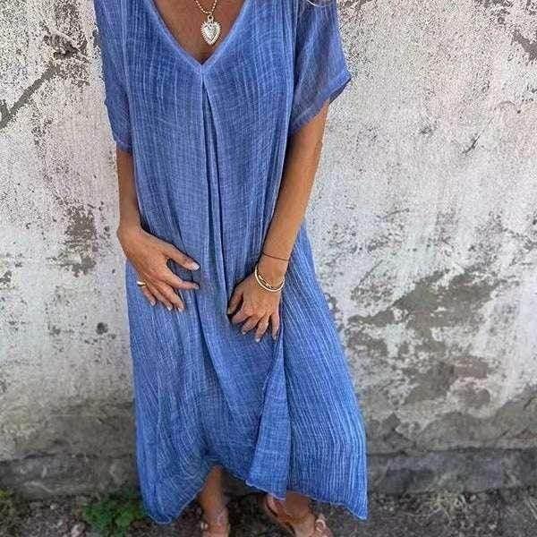 Cotton Linen V-Neck Semi-Formal Midi Dress - ZA-Zola