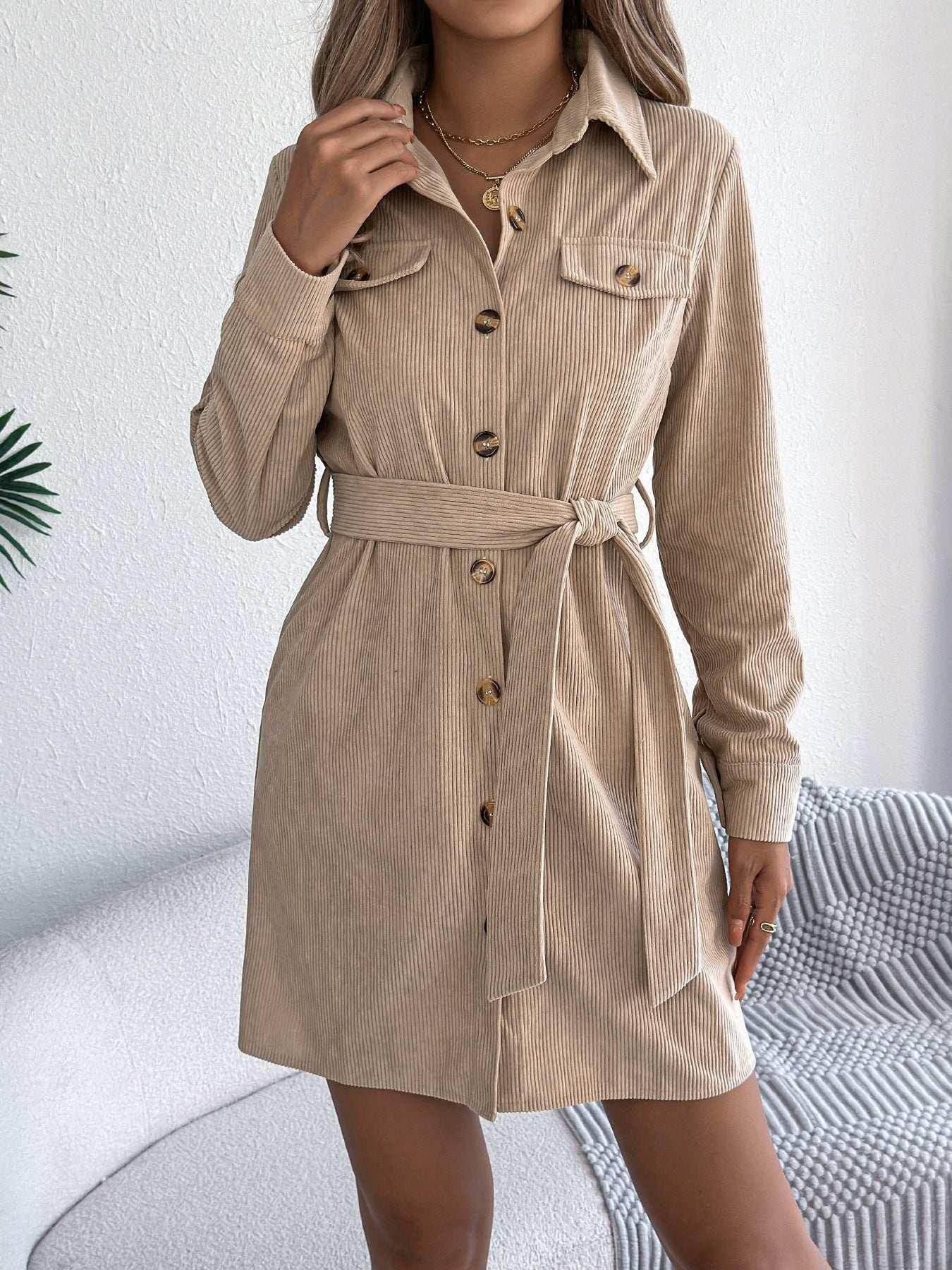 Corduroy Shirt Dress with Belt – Fall Favorite - ZA-Zola