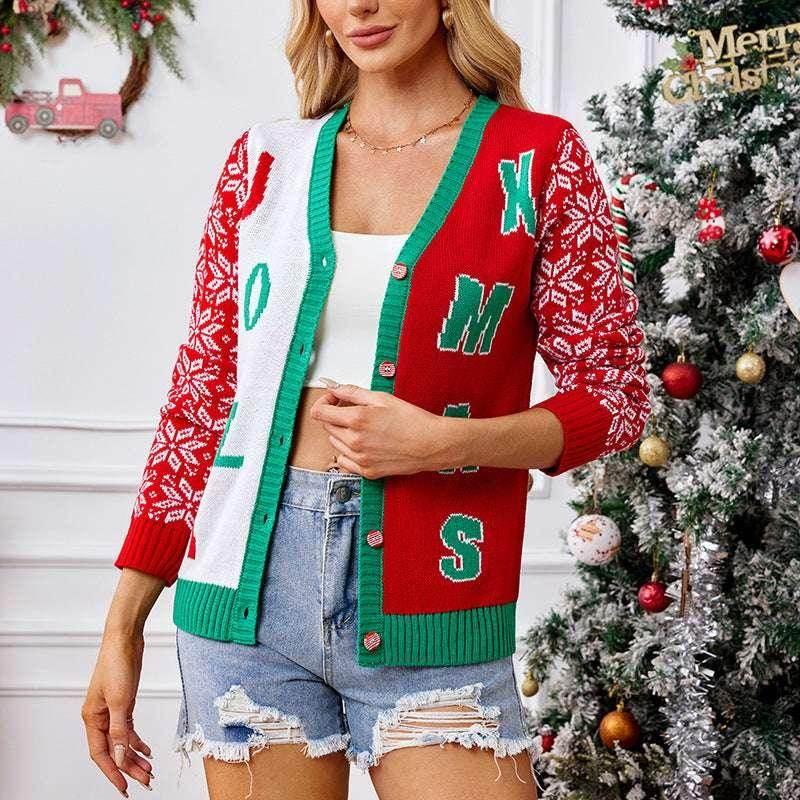 Christmas Red V-Neck Cardigan – Festive & Cozy Knit - ZA-Zola