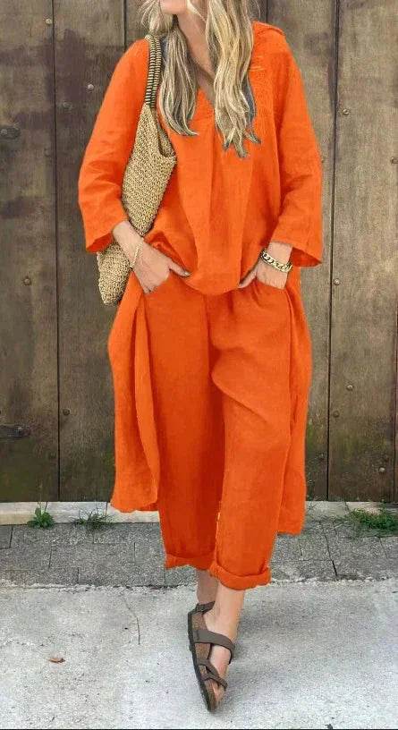 Loose V-Neck Set With Pockets – 2pcs Suit - ZA-Zola