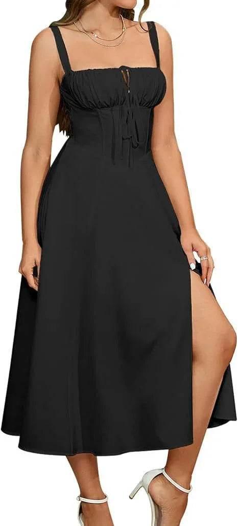 Elegant Lace-Up Mid Dress with Corset & Side Slit - ZA-Zola
