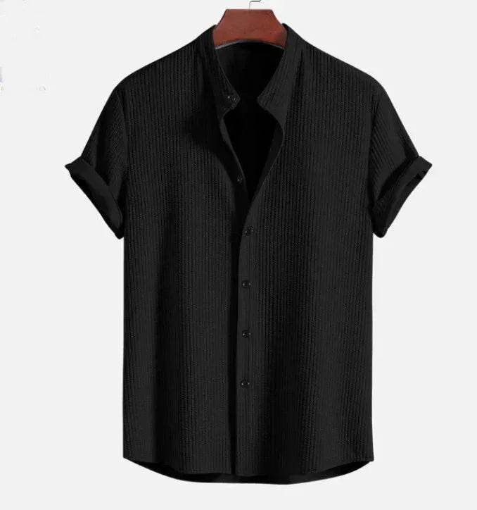 ZA-Zola black short sleeve textured button-up shirt on hanger, modern UK fashion