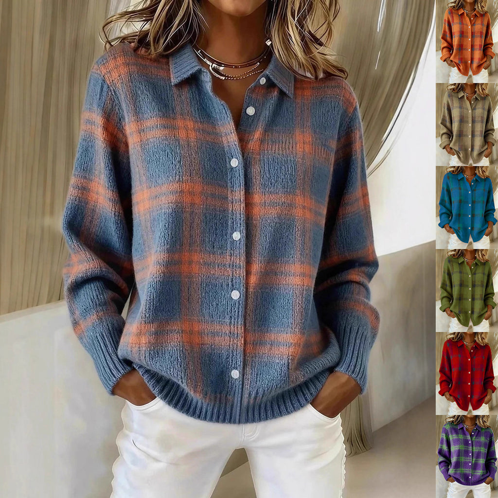 A woman wearing a fuzzy long-sleeve plaid button-up shirt in blue and orange, paired with white pants. The image features a vertical strip of smaller thumbnails on the right showing the same shirt design in multiple color options.