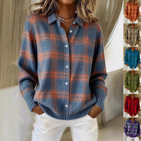 A woman wearing a fuzzy long-sleeve plaid button-up shirt in blue and orange, paired with white pants. The image features a vertical strip of smaller thumbnails on the right showing the same shirt design in multiple color options.