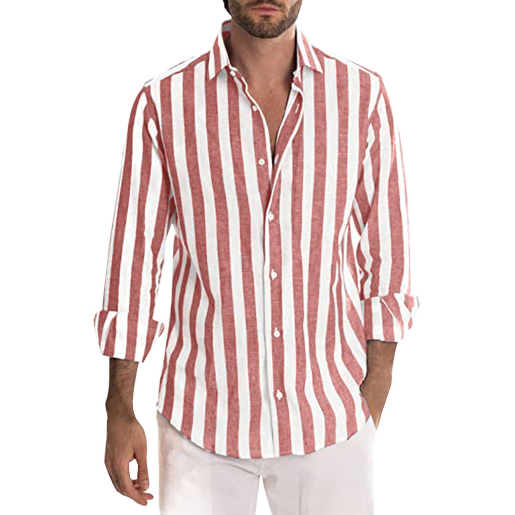 Man wearing a red and white striped shirt on a white background