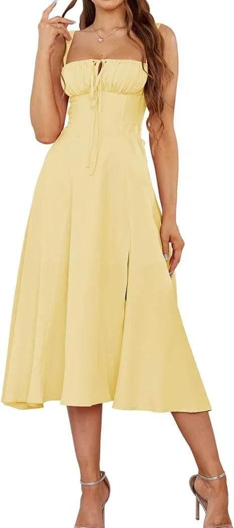 Elegant Lace-Up Mid Dress with Corset & Side Slit - ZA-Zola