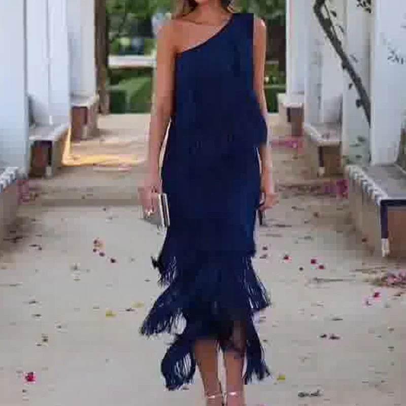 Women's Diagonal Collar Tassel A-Line Dress - ZA-Zola