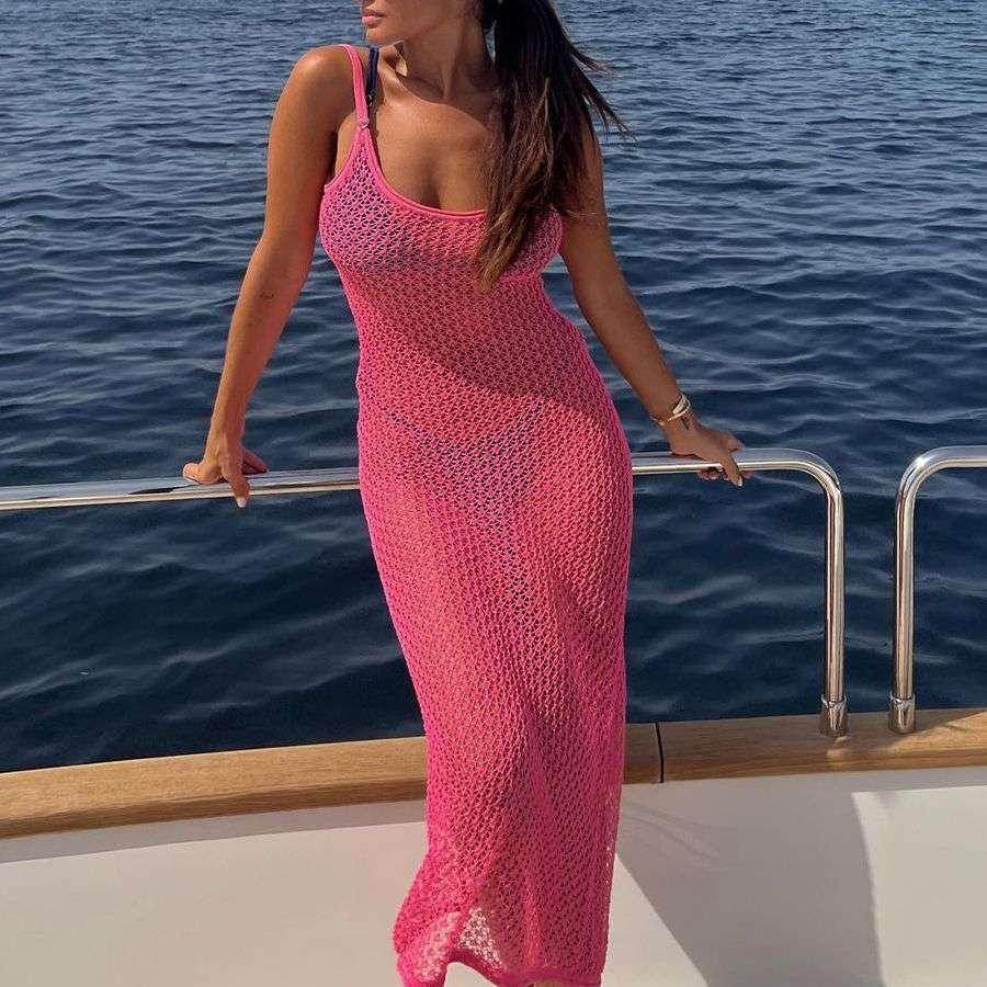 Pink Solid Color Knitted Hollow Bikini Swimsuit Blouse - ZA-Zola