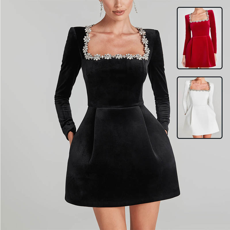 Christmas Dress Women | Square Neck Rhinestone A-Line Mini Dress